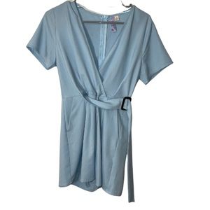 Baby blue romper with tie and back zip